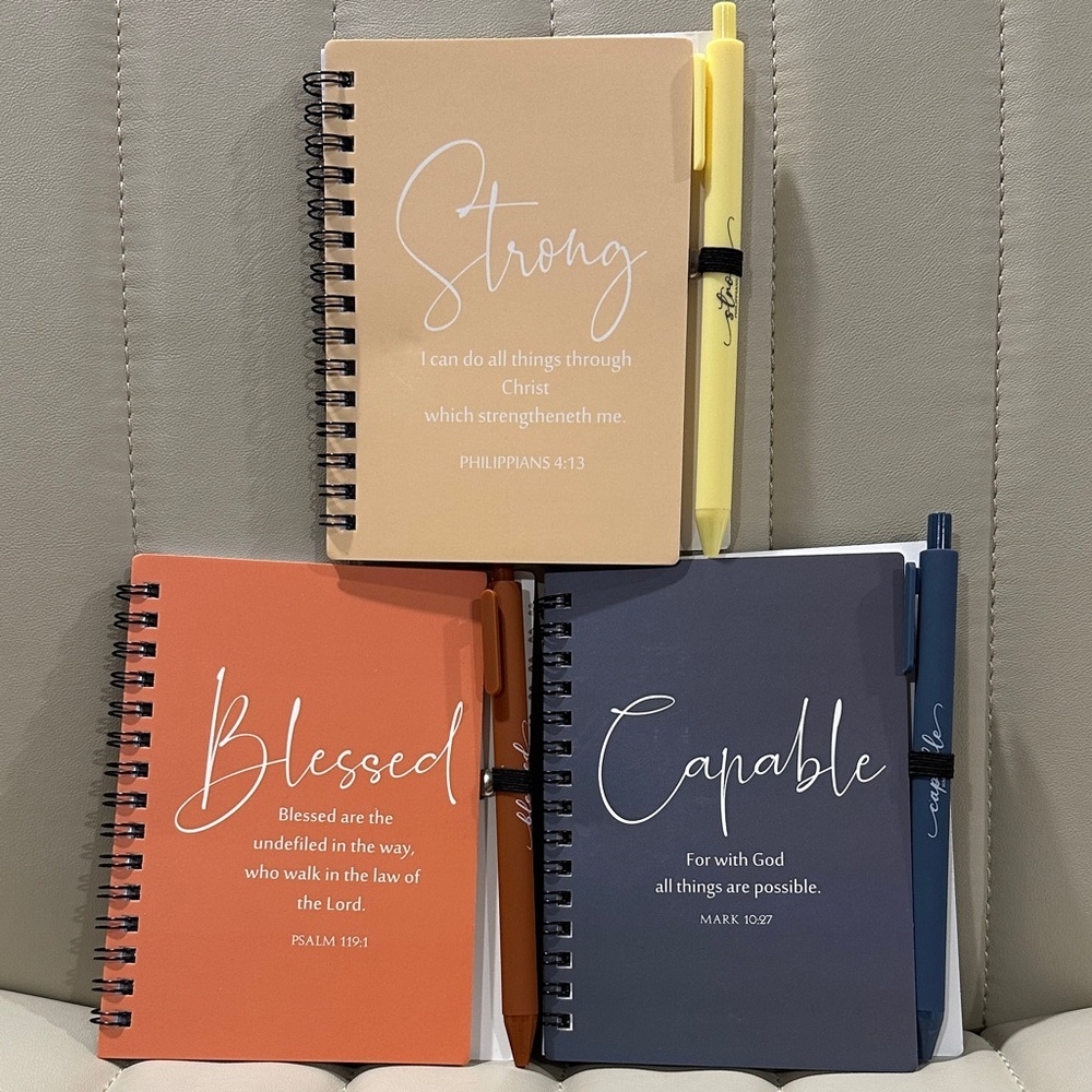 Bible Verse Notebook Trio & Pens Blessed Psalms Strong Philippians Capable Mark